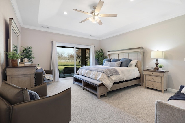 3010 Mateo Ct, Anderson, CA 96007 - bedroom featuring access to exterior, recessed lighting, light colored carpet, ornamental molding, and ceiling fan