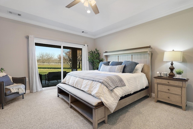 3010 Mateo Ct, Anderson, CA 96007 - bedroom with access to outside, light carpet, ornamental molding, recessed lighting, and ceiling fan