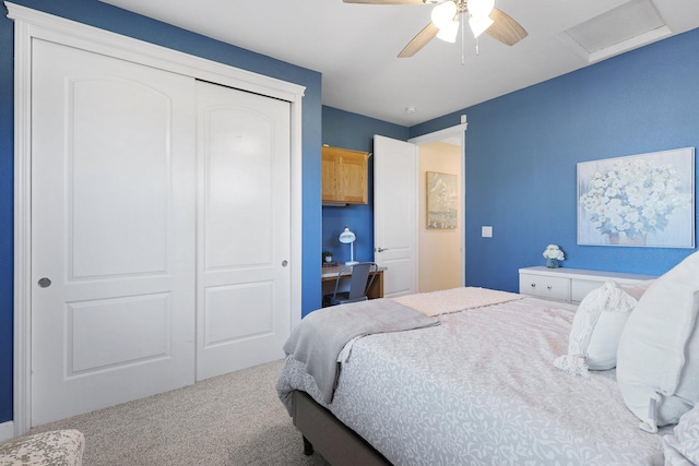 3010 Mateo Ct, Anderson, CA 96007 - carpeted bedroom featuring a closet, attic access, an office area, and a ceiling fan
