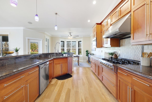 3010 Mateo Ct, Anderson, CA 96007 - kitchen with stainless steel appliances, under cabinet range hood, light wood-style floors, ornamental molding, and brown cabinets