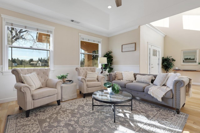 3010 Mateo Ct, Anderson, CA 96007 - living room with wood finished floors, crown molding, and ceiling fan