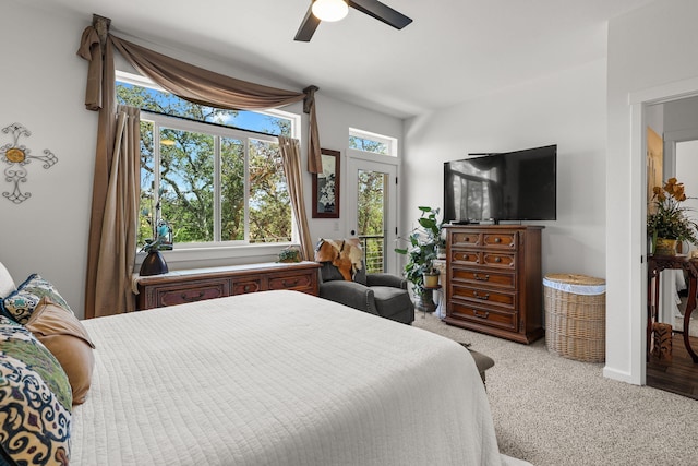 18710 Saddleback Ridge Rd, Cottonwood, CA 96022 - bedroom featuring carpet flooring, access to exterior, and a ceiling fan