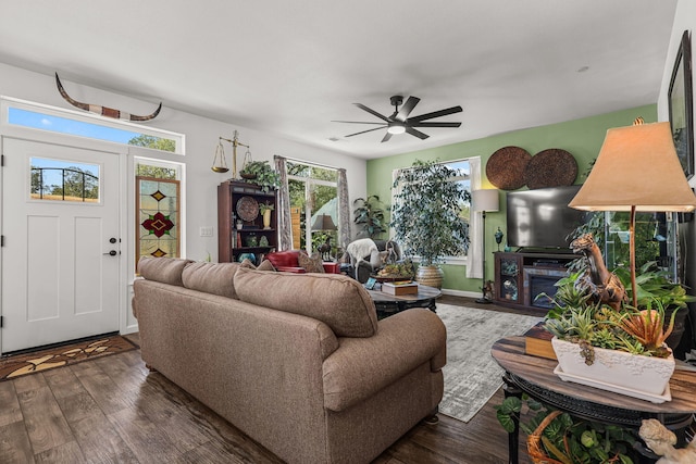 18710 Saddleback Ridge Rd, Cottonwood, CA 96022 - living room featuring dark wood finished floors and ceiling fan