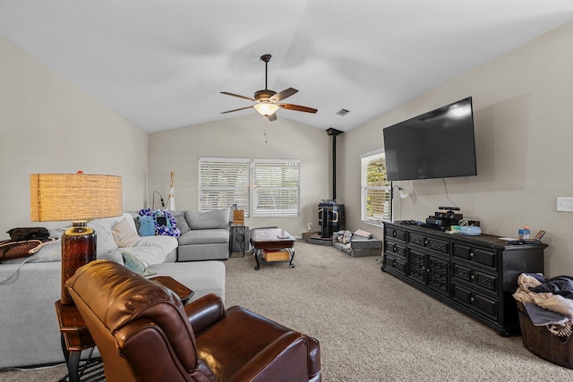 1870 Trumpet Dr, Redding, CA 96003 - carpeted living room featuring ceiling fan and vaulted ceiling