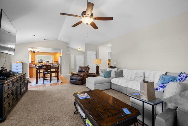 1870 Trumpet Dr, Redding, CA 96003 - carpeted living room featuring lofted ceiling, ceiling fan, and a chandelier