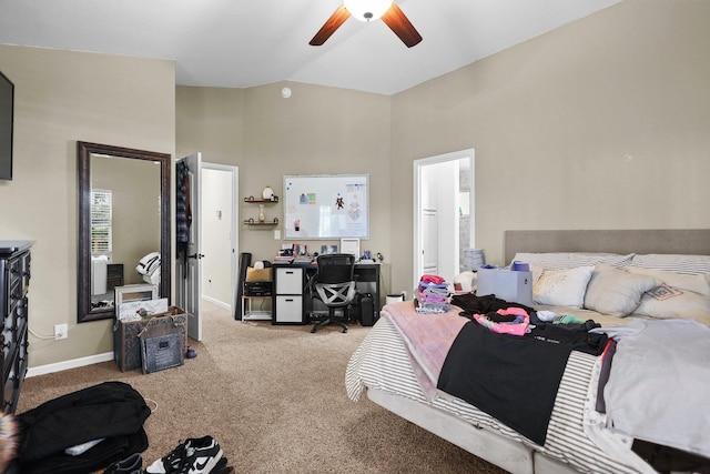 1870 Trumpet Dr, Redding, CA 96003 - bedroom featuring light carpet, a desk, high vaulted ceiling, and a ceiling fan