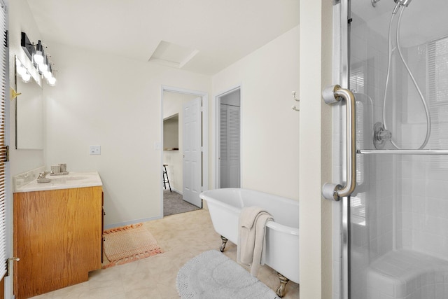 3639 E Keswick Dam Rd, Redding, CA 96003 - full bath featuring a stall shower, vanity, a freestanding bath, and tile patterned floors