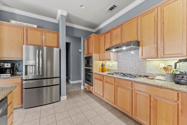 691 Rivercrest Pkwy, Redding, CA 96002 - kitchen featuring stainless steel appliances, under cabinet range hood, decorative backsplash, crown molding, and light tile patterned flooring