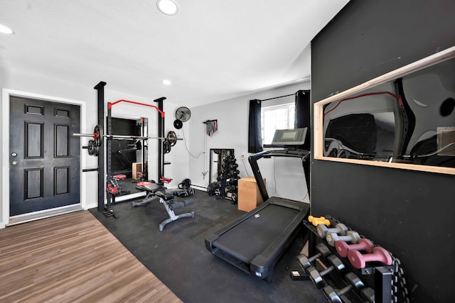 3075 Forest Hills Dr, Redding, CA 96002 - exercise room featuring recessed lighting and wood finished floors