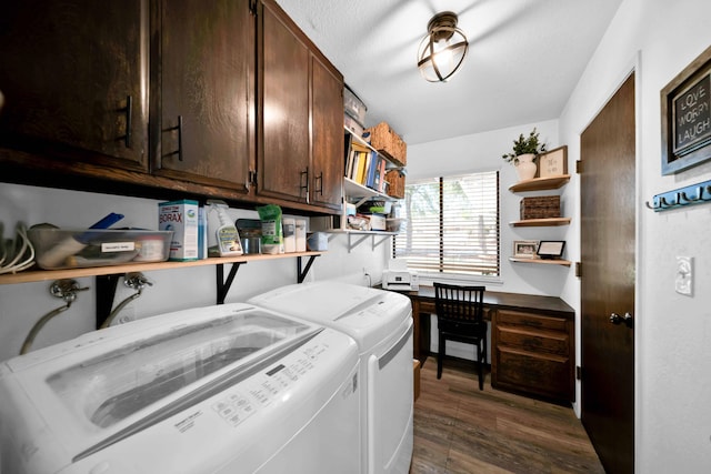 3075 Forest Hills Dr, Redding, CA 96002 - laundry room featuring cabinet space, washing machine and clothes dryer, dark wood-style floors, and an office area