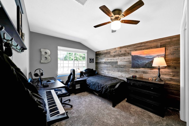 3075 Forest Hills Dr, Redding, CA 96002 - bedroom with wood walls, lofted ceiling, carpet floors, a desk, and ceiling fan