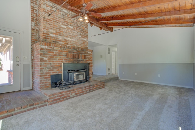 12194 Lake Blvd, Redding, CA 96001 - unfurnished living room with wood ceiling, carpet floors, and a ceiling fan