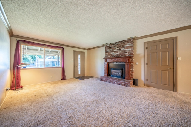 2076 Merle Dr, Redding, CA 96001 - unfurnished living room featuring crown molding, a textured ceiling, carpet flooring, and a fireplace