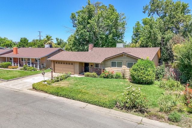 2076 Merle Dr, Redding, CA 96001 - ranch-style house with an attached garage, a chimney, a front lawn, and concrete driveway