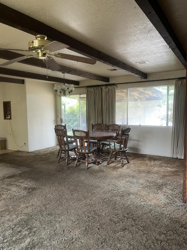 1110 Dusty Ln, Redding, CA 96002 - dining area with carpet flooring, a textured ceiling, healthy amount of natural light, beamed ceiling, and a ceiling fan
