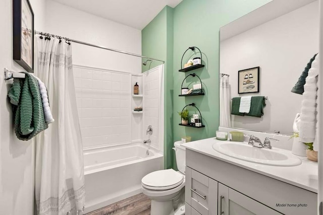 876 Wind Cove Dr, Redding, CA 96001 - bathroom with shower / bathtub combination with curtain, vanity, and wood finished floors
