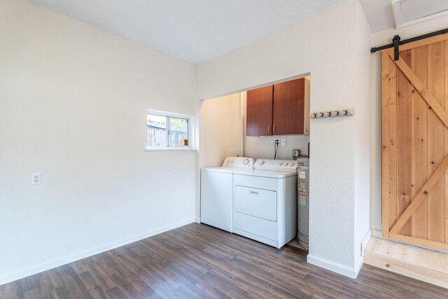 1535 Provo Ave, Shasta Lake, CA 96019 - laundry room with cabinet space, independent washer and dryer, dark wood-type flooring, and a barn door