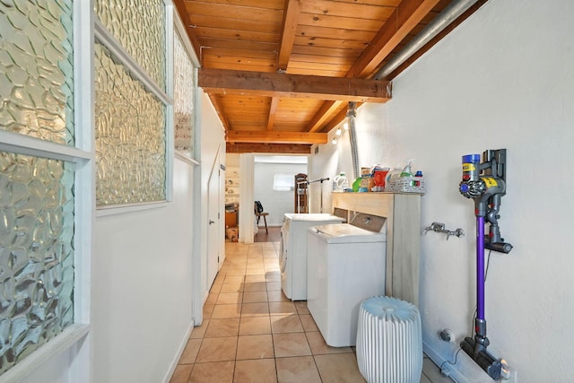 1448 Carter Way, Redding, CA 96002 - laundry area with washer and clothes dryer, wooden ceiling, and light tile patterned floors