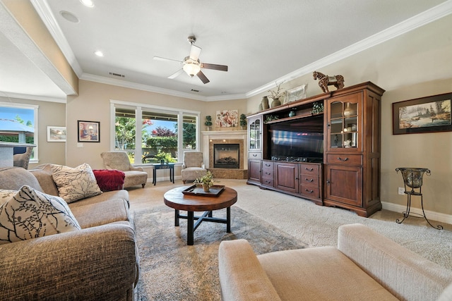 2110 Cilantro Dr, Redding, CA 96003 - living area featuring a ceiling fan, light carpet, crown molding, a fireplace, and recessed lighting
