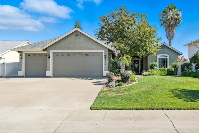 2110 Cilantro Dr, Redding, CA 96003 - ranch-style home featuring stucco siding, an attached garage, concrete driveway, a front yard, and a gate