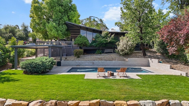 3540 Scenic Dr, Redding, CA 96001 - back of house with a yard, a patio, and an outdoor pool