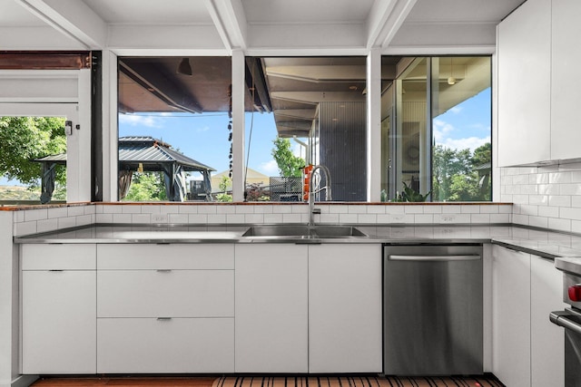 3540 Scenic Dr, Redding, CA 96001 - kitchen featuring dishwasher, white cabinets, backsplash, and modern cabinets