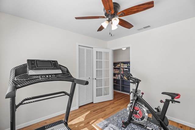 2920 Pioneer Dr, Redding, CA 96001 - workout area with a ceiling fan and wood finished floors