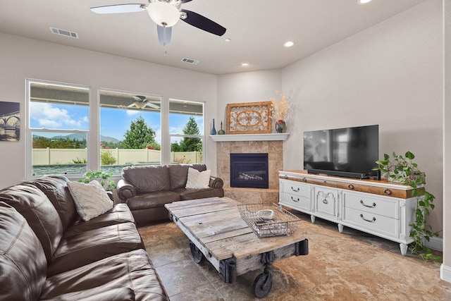 4075 Pembroke Ln, Shasta Lake, CA 96019 - living room with a ceiling fan, a fireplace, and recessed lighting