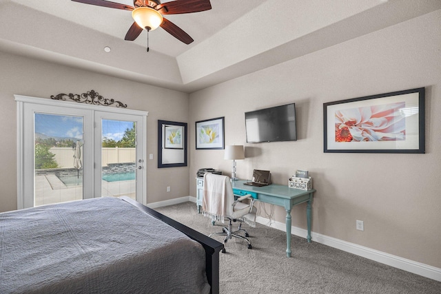 4075 Pembroke Ln, Shasta Lake, CA 96019 - carpeted bedroom with access to exterior, a desk, a tray ceiling, and ceiling fan