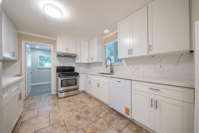 4725 Cedars Rd, Redding, CA 96001 - kitchen featuring dishwasher, gas range, under cabinet range hood, backsplash, and white cabinets