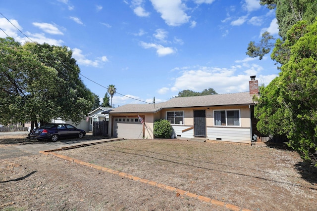 2196 Victor Ave, Redding, CA 96002 - ranch-style home featuring dirt driveway, a garage, a chimney, crawl space, and a shingled roof