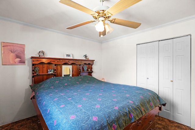 2196 Victor Ave, Redding, CA 96002 - carpeted bedroom featuring crown molding, ceiling fan, and a closet