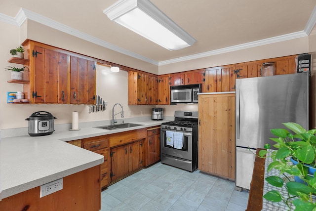 2196 Victor Ave, Redding, CA 96002 - kitchen with appliances with stainless steel finishes, brown cabinetry, open shelves, light countertops, and ornamental molding
