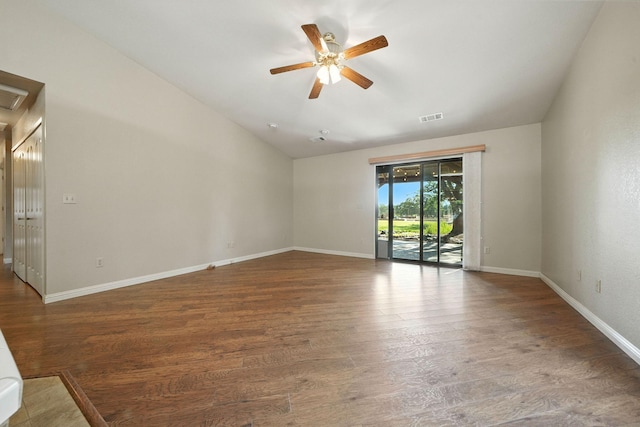 2585 Meadowview Dr, Red Bluff, CA 96080 - spare room featuring ceiling fan, wood finished floors, and lofted ceiling