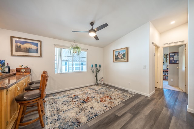 3304 Shasta Dam Blvd Unit 173, Shasta Lake, CA 96019 - office area featuring vaulted ceiling, dark wood finished floors, and a ceiling fan