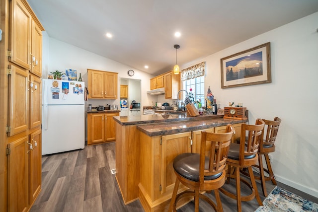 3304 Shasta Dam Blvd Unit 173, Shasta Lake, CA 96019 - kitchen with freestanding refrigerator, a peninsula, under cabinet range hood, dark wood finished floors, and lofted ceiling