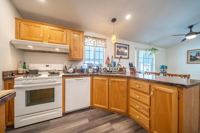 3304 Shasta Dam Blvd Unit 173, Shasta Lake, CA 96019 - kitchen featuring white appliances, under cabinet range hood, a peninsula, wood finished floors, and vaulted ceiling