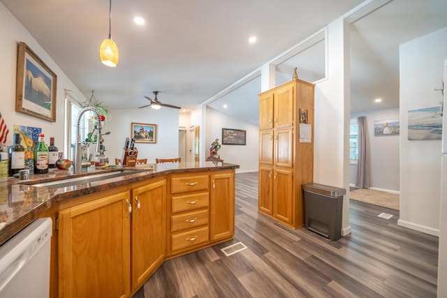 3304 Shasta Dam Blvd Unit 173, Shasta Lake, CA 96019 - kitchen with dishwasher, ceiling fan, dark wood-style floors, hanging light fixtures, and recessed lighting