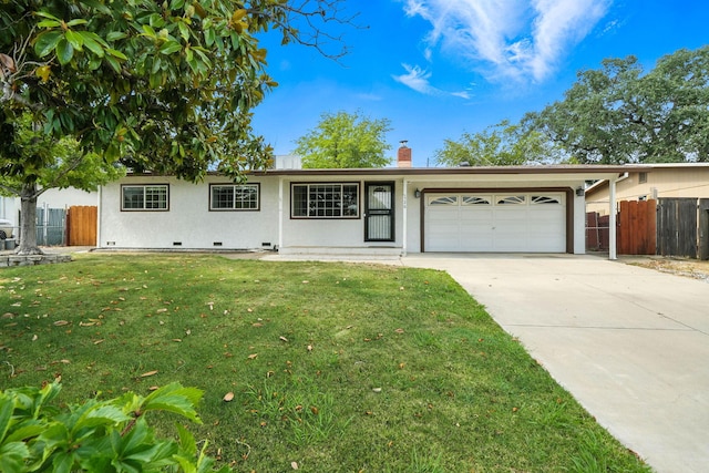 1520 Minor St, Redding, CA 96002 - ranch-style house featuring crawl space, a garage, concrete driveway, a chimney, and stucco siding