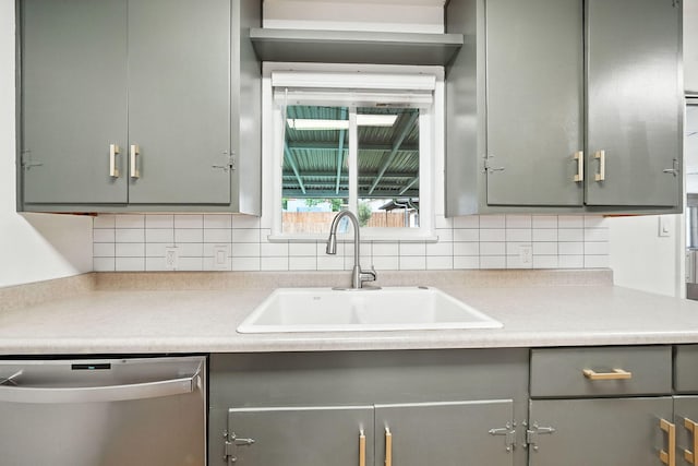 1520 Minor St, Redding, CA 96002 - kitchen with gray cabinets, dishwasher, tasteful backsplash, and light countertops