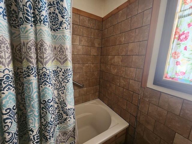 20263 Sugar Pine St, Burney, CA 96013 - bathroom with tile walls and shower / bathtub combination with curtain