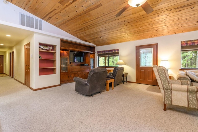 36088 Deer Flat Rd, Shingletown, CA 96088 - carpeted living room featuring vaulted ceiling, ceiling fan, healthy amount of natural light, and wood ceiling