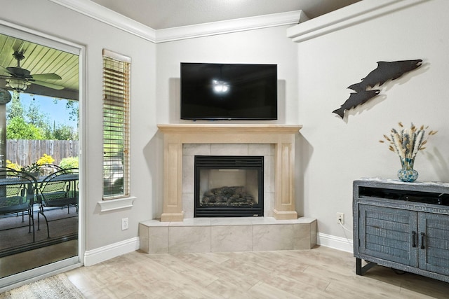 2072 Button Pl, Redding, CA 96002 - detailed view of ornamental molding, wood finished floors, a fireplace, and a ceiling fan