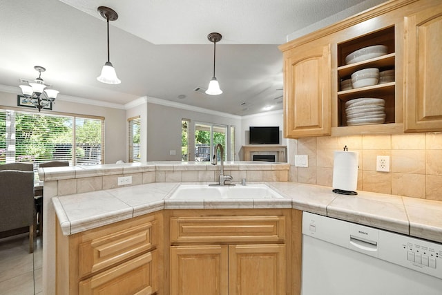 2072 Button Pl, Redding, CA 96002 - kitchen with dishwasher, a peninsula, light brown cabinets, and ornamental molding