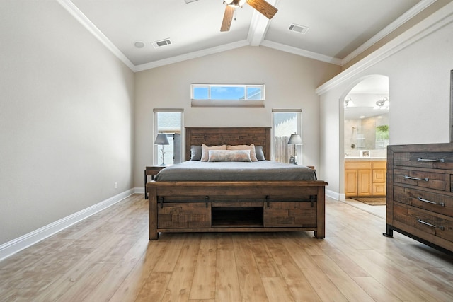 2072 Button Pl, Redding, CA 96002 - bedroom with light wood finished floors, connected bathroom, arched walkways, ceiling fan, and crown molding