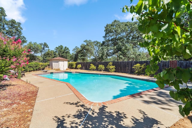 14480 Warren Ave, Red Bluff, CA 96080 - view of swimming pool with a fenced backyard, a shed, a patio area, and a diving board