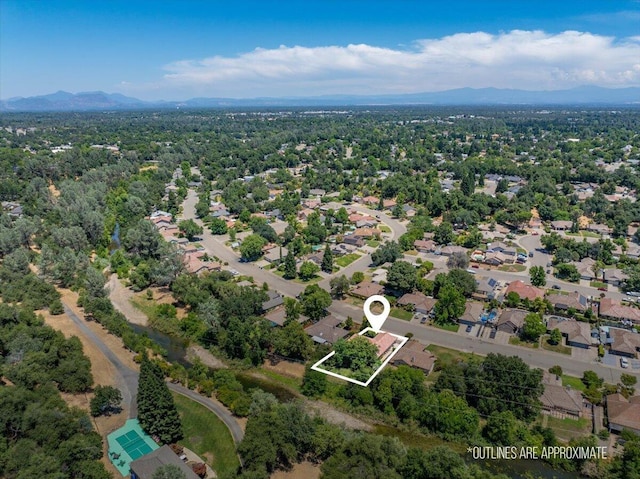 3628 Somerset Ave, Redding, CA 96002 - aerial view of property and surrounding area with property parcel outlined and a mountainous background