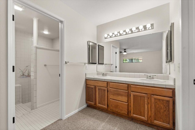 3628 Somerset Ave, Redding, CA 96002 - full bath with a ceiling fan, double vanity, and a tile shower