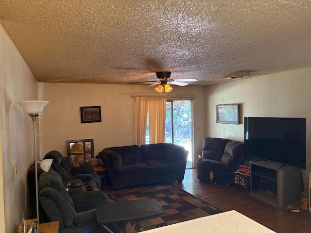 20194 Sugar Pine St, Burney, CA 96013 - living area with a textured ceiling, wood finished floors, and a ceiling fan