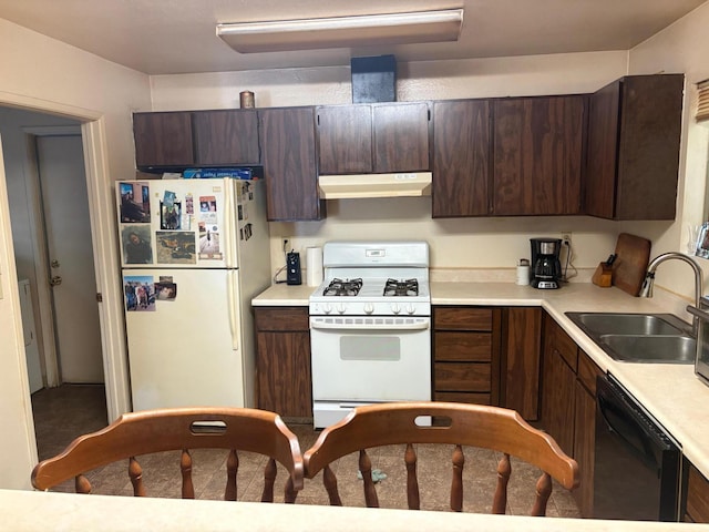 20194 Sugar Pine St, Burney, CA 96013 - kitchen featuring white appliances, under cabinet range hood, light countertops, and dark brown cabinets